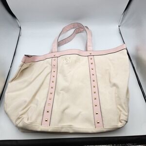 Victoria's Secret‎ L Canvas Tote Weekender Bag White Pink Studded Travel Purse